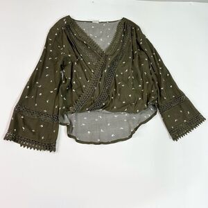 By Together Shirt Top Women Med Green Wrap bell sleeve floral boho witchy